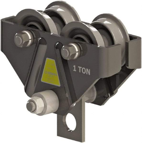 CIGNYS - 1 Ton Capacity Plain Adjustable Trolley - 3" to 5-1/4" Flange Width, 4" Wheel Diam, 5" to 12" I-Beam, 36" Min Radius - Eagle Tool & Supply