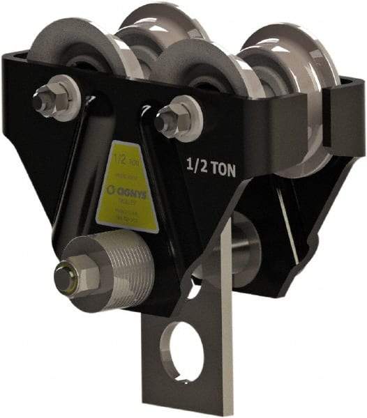CIGNYS - 0.5 Ton Capacity Plain Adjustable Trolley - 2-21/32" to 4-21/32" Flange Width, 3-1/8" Wheel Diam, 4" to 10" I-Beam, 24" Min Radius - Eagle Tool & Supply