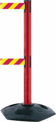 Tensator - 38" High, 2-1/2" Pole Diam, 4 Way Stanchion - 19" Base Diam, Octagon Recycled Rubber Base, Red Plastic Post, 7-1/2' x 2" Tape, Dual Line Tape, For Outdoor Use - Eagle Tool & Supply