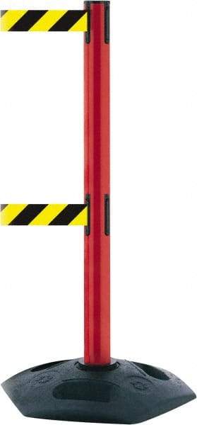 Tensator - 38" High, 2-1/2" Pole Diam, 4 Way Stanchion - 19" Base Diam, Octagon Recycled Rubber Base, Red Plastic Post, 7-1/2' x 2" Tape, Dual Line Tape, For Outdoor Use - Eagle Tool & Supply