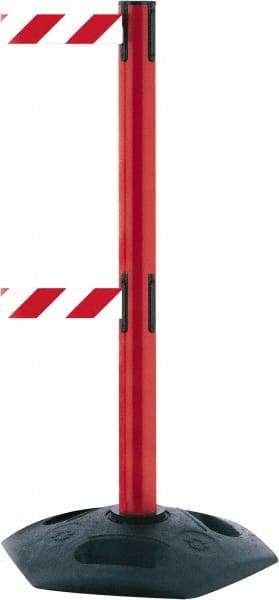 Tensator - 38" High, 2-1/2" Pole Diam, 4 Way Stanchion - 19" Base Diam, Octagon Recycled Rubber Base, Red Plastic Post, 7-1/2' x 2" Tape, Dual Line Tape, For Outdoor Use - Eagle Tool & Supply