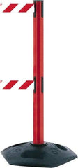 Tensator - 38" High, 2-1/2" Pole Diam, 4 Way Stanchion - 19" Base Diam, Octagon Recycled Rubber Base, Red Plastic Post, 7-1/2' x 2" Tape, Dual Line Tape, For Outdoor Use - Eagle Tool & Supply
