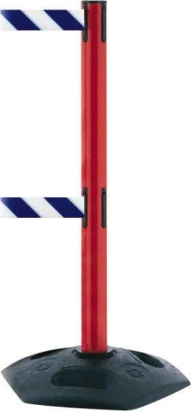 Tensator - 38" High, 2-1/2" Pole Diam, 4 Way Stanchion - 19" Base Diam, Octagon Recycled Rubber Base, Red Plastic Post, 7-1/2' x 2" Tape, Dual Line Tape, For Outdoor Use - Eagle Tool & Supply