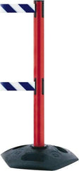 Tensator - 38" High, 2-1/2" Pole Diam, 4 Way Stanchion - 19" Base Diam, Octagon Recycled Rubber Base, Red Plastic Post, 7-1/2' x 2" Tape, Dual Line Tape, For Outdoor Use - Eagle Tool & Supply