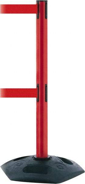 Tensator - 38" High, 2-1/2" Pole Diam, 4 Way Stanchion - 19" Base Diam, Octagon Recycled Rubber Base, Red Plastic Post, 7-1/2' x 2" Tape, Dual Line Tape, For Outdoor Use - Eagle Tool & Supply
