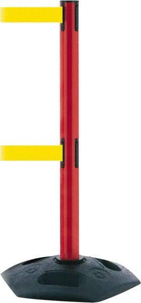 Tensator - 38" High, 2-1/2" Pole Diam, 4 Way Stanchion - 19" Base Diam, Octagon Recycled Rubber Base, Red Plastic Post, 7-1/2' x 2" Tape, Dual Line Tape, For Outdoor Use - Eagle Tool & Supply
