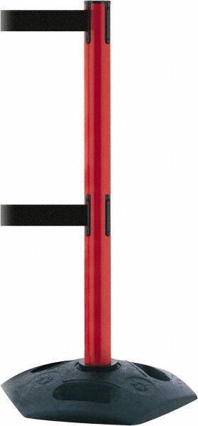 Tensator - 38" High, 2-1/2" Pole Diam, 4 Way Stanchion - 19" Base Diam, Octagon Recycled Rubber Base, Red Plastic Post, 7-1/2' x 2" Tape, Dual Line Tape, For Outdoor Use - Eagle Tool & Supply