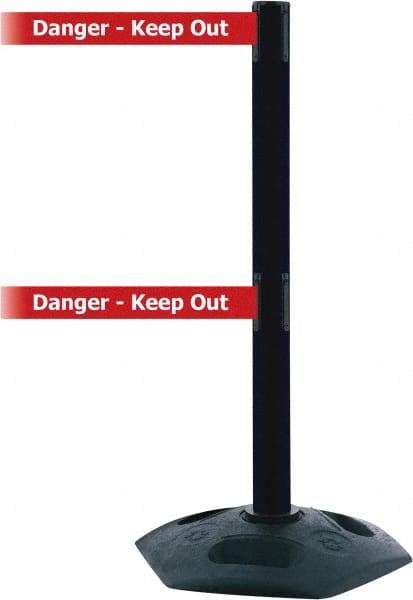 Tensator - 38" High, 2-1/2" Pole Diam, 4 Way Stanchion - 19" Base Diam, Octagon Recycled Rubber Base, Black Plastic Post, 7-1/2' x 2" Tape, Dual Line Tape, For Outdoor Use - Eagle Tool & Supply