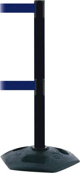 Tensator - 38" High, 2-1/2" Pole Diam, 4 Way Stanchion - 19" Base Diam, Octagon Recycled Rubber Base, Black Plastic Post, 7-1/2' x 2" Tape, Dual Line Tape, For Outdoor Use - Eagle Tool & Supply