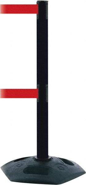 Tensator - 38" High, 2-1/2" Pole Diam, 4 Way Stanchion - 19" Base Diam, Octagon Recycled Rubber Base, Black Plastic Post, 7-1/2' x 2" Tape, Dual Line Tape, For Outdoor Use - Eagle Tool & Supply