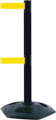 Tensator - 38" High, 2-1/2" Pole Diam, 4 Way Stanchion - 19" Base Diam, Octagon Recycled Rubber Base, Black Plastic Post, 7-1/2' x 2" Tape, Dual Line Tape, For Outdoor Use - Eagle Tool & Supply
