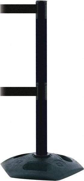 Tensator - 38" High, 2-1/2" Pole Diam, 4 Way Stanchion - 19" Base Diam, Octagon Recycled Rubber Base, Black Plastic Post, 7-1/2' x 2" Tape, Dual Line Tape, For Outdoor Use - Eagle Tool & Supply