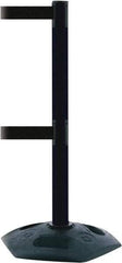 Tensator - 38" High, 2-1/2" Pole Diam, 4 Way Stanchion - 19" Base Diam, Octagon Recycled Rubber Base, Black Plastic Post, 7-1/2' x 2" Tape, Dual Line Tape, For Outdoor Use - Eagle Tool & Supply