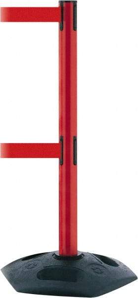 Tensator - 38" High, 2-1/2" Pole Diam, 4 Way Stanchion - 19" Base Diam, Octagon Recycled Rubber Base, Red Plastic Post, 13' x 2" Tape, Dual Line Tape, For Outdoor Use - Eagle Tool & Supply