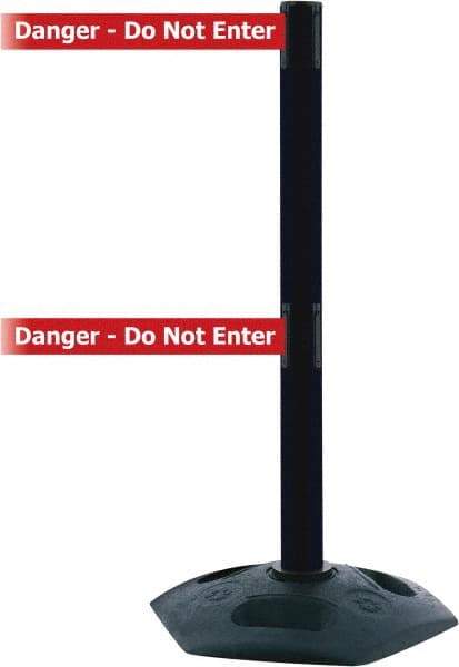 Tensator - 38" High, 2-1/2" Pole Diam, 4 Way Stanchion - 19" Base Diam, Octagon Recycled Rubber Base, Black Plastic Post, 13' x 2" Tape, Dual Line Tape, For Outdoor Use - Eagle Tool & Supply
