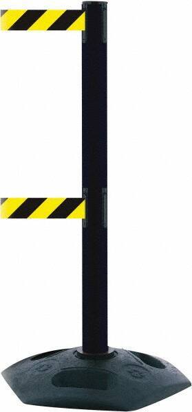 Tensator - 38" High, 2-1/2" Pole Diam, 4 Way Stanchion - 19" Base Diam, Octagon Recycled Rubber Base, Black Plastic Post, 13' x 2" Tape, Dual Line Tape, For Outdoor Use - Eagle Tool & Supply