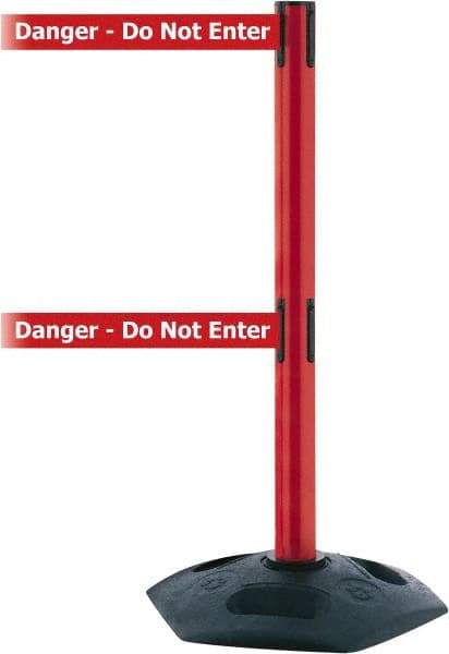 Tensator - 38" High, 2-1/2" Pole Diam, 4 Way Stanchion - 19" Base Diam, Octagon Recycled Rubber Base, Red Plastic Post, 7-1/2' x 2" Tape, Dual Line Tape, For Outdoor Use - Eagle Tool & Supply