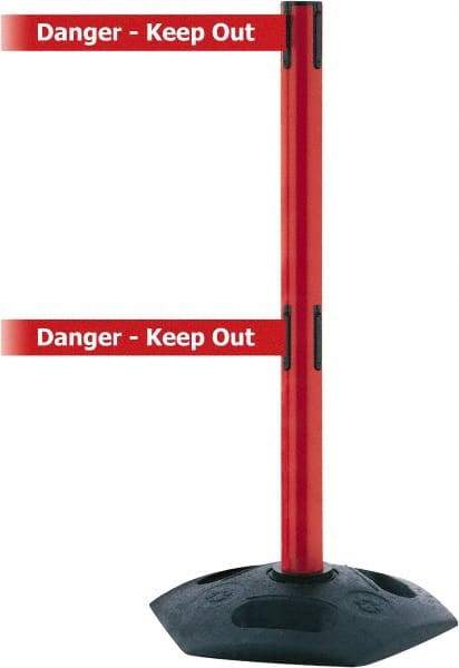 Tensator - 38" High, 2-1/2" Pole Diam, 4 Way Stanchion - 19" Base Diam, Octagon Recycled Rubber Base, Red Plastic Post, 7-1/2' x 2" Tape, Dual Line Tape, For Outdoor Use - Eagle Tool & Supply