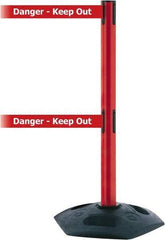 Tensator - 38" High, 2-1/2" Pole Diam, 4 Way Stanchion - 19" Base Diam, Octagon Recycled Rubber Base, Red Plastic Post, 7-1/2' x 2" Tape, Dual Line Tape, For Outdoor Use - Eagle Tool & Supply