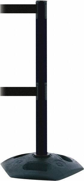 Tensator - 38" High, 2-1/2" Pole Diam, 4 Way Stanchion - 19" Base Diam, Octagon Recycled Rubber Base, Black Plastic Post, 13' x 2" Tape, Dual Line Tape, For Outdoor Use - Eagle Tool & Supply