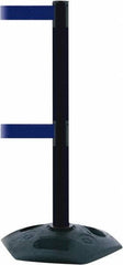 Tensator - 38" High, 2-1/2" Pole Diam, 4 Way Stanchion - 19" Base Diam, Octagon Recycled Rubber Base, Black Plastic Post, 13' x 2" Tape, Dual Line Tape, For Outdoor Use - Eagle Tool & Supply