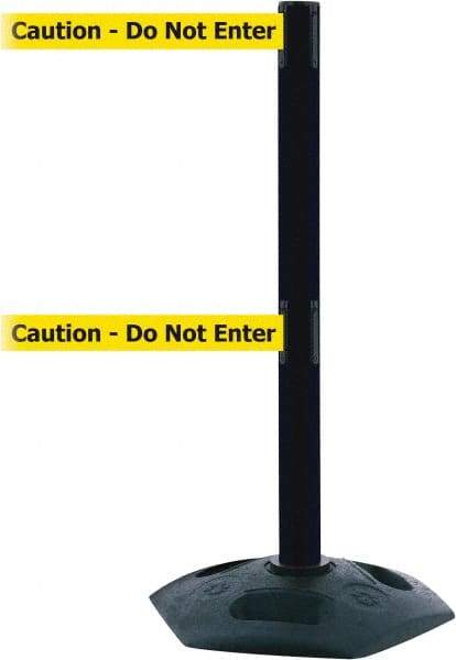 Tensator - 38" High, 2-1/2" Pole Diam, 4 Way Stanchion - 19" Base Diam, Octagon Recycled Rubber Base, Black Plastic Post, 13' x 2" Tape, Dual Line Tape, For Outdoor Use - Eagle Tool & Supply
