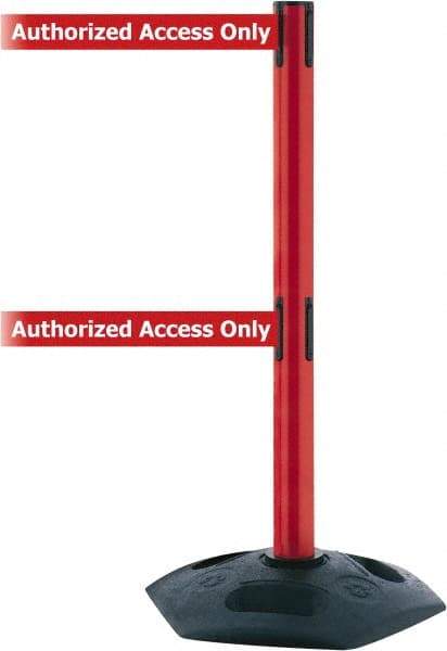 Tensator - 38" High, 2-1/2" Pole Diam, 4 Way Stanchion - 19" Base Diam, Octagon Recycled Rubber Base, Red Plastic Post, 13' x 2" Tape, Dual Line Tape, For Outdoor Use - Eagle Tool & Supply