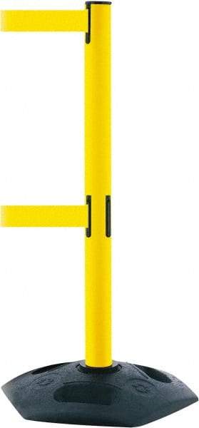 Tensator - 38" High, 2-1/2" Pole Diam, 4 Way Stanchion - 19" Base Diam, Octagon Recycled Rubber Base, Yellow Plastic Post, 13' x 2" Tape, Dual Line Tape, For Outdoor Use - Eagle Tool & Supply