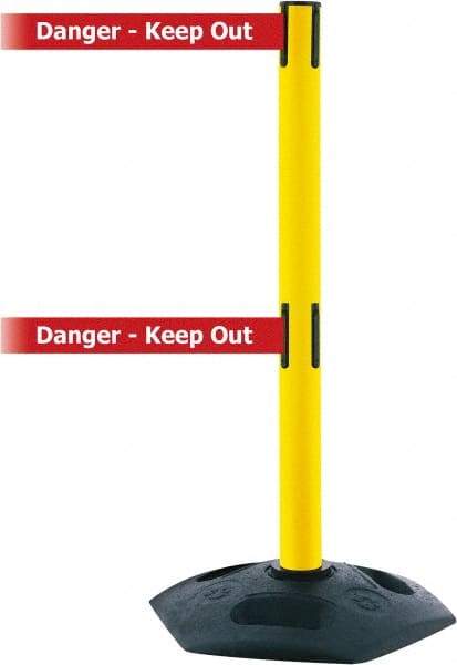 Tensator - 38" High, 2-1/2" Pole Diam, 4 Way Stanchion - 19" Base Diam, Octagon Recycled Rubber Base, Yellow Plastic Post, 13' x 2" Tape, Dual Line Tape, For Outdoor Use - Eagle Tool & Supply