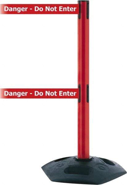 Tensator - 38" High, 2-1/2" Pole Diam, 4 Way Stanchion - 19" Base Diam, Octagon Recycled Rubber Base, Red Plastic Post, 13' x 2" Tape, Dual Line Tape, For Outdoor Use - Eagle Tool & Supply
