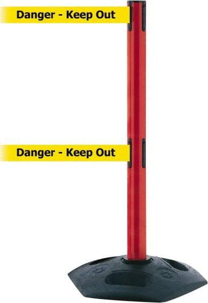 Tensator - 38" High, 2-1/2" Pole Diam, 4 Way Stanchion - 19" Base Diam, Octagon Recycled Rubber Base, Red Plastic Post, 13' x 2" Tape, Dual Line Tape, For Outdoor Use - Eagle Tool & Supply