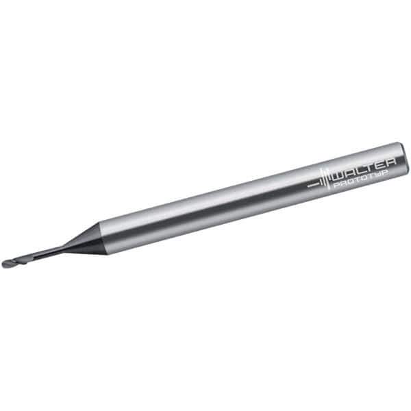 Walter-Prototyp - 2mm Diam, 2mm LOC, 2 Flute Solid Carbide Ball End Mill - Uncoated, Single End, 60mm OAL, 3mm Shank Diam, Spiral Flute - Eagle Tool & Supply