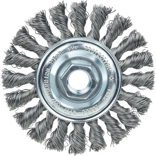 Vortec Pro 4″ Knot Wire Wheel, Standard Twist, .014″ , 5/8″-11 UNC Nut, Steel Wire - Eagle Tool & Supply