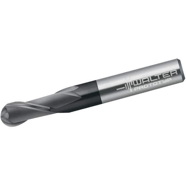 Walter-Prototyp - 1/4" Diam, 6.35mm LOC, 2 Flute Solid Carbide Ball End Mill - TiAlN Finish, Single End, 63.5mm OAL, 1/4" Shank Diam, Spiral Flute - Eagle Tool & Supply