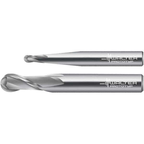 Walter-Prototyp - 1mm Diam, 3mm LOC, 2 Flute Solid Carbide Ball End Mill - Uncoated, Single End, 38mm OAL, 3mm Shank Diam, Spiral Flute - Eagle Tool & Supply