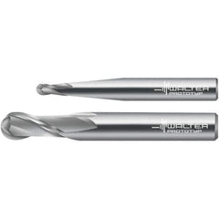 Walter-Prototyp - 1mm Diam, 3mm LOC, 2 Flute Solid Carbide Ball End Mill - Uncoated, Single End, 38mm OAL, 3mm Shank Diam, Spiral Flute - Eagle Tool & Supply