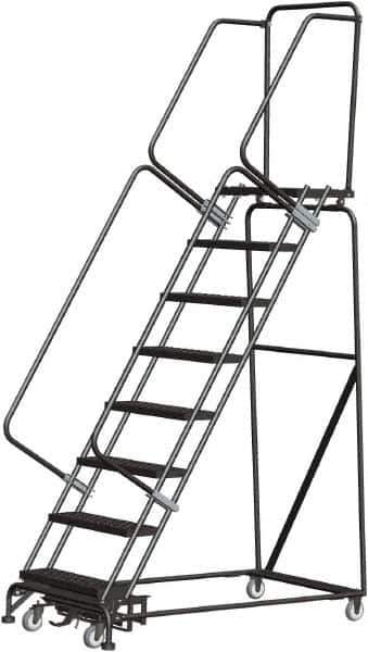 Ballymore - 113" 8 Step Rolling Warehouse Ladder - Lock Step Rolling Safety Ladder, 450 Lb Capacity, 80" Platform Height, 32" Base Width x 61" Base Depth, Perforated Tread - Eagle Tool & Supply