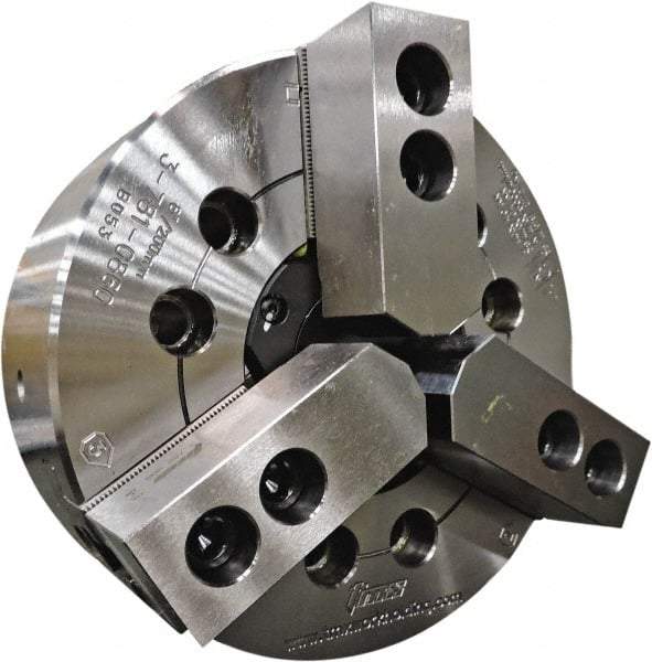 TMX - 3 Jaws, 6" Chuck Diam, A2-5 Mount, 2.0866" Through Hole, Drawtube, Hydraulic Power Lathe Chuck - 0.5118" to 6.6535" Jaw Capacity, 6,000 RPM - Eagle Tool & Supply