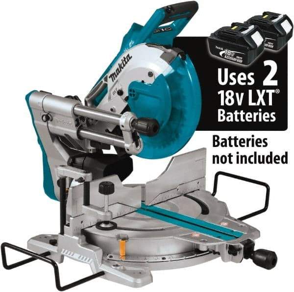 Makita - 36 Amp, 18 Volt, 4,400 RPM, 60° Double Bevel Sliding Miter Saw - 5/8" Arbor, 10" Blade Diam, Includes Vertical Vise, Dust Bag, Triangular Rule, Hex Wrench & 10" x 5/8" 40T Micro-Polished Miter Saw Blade - Eagle Tool & Supply