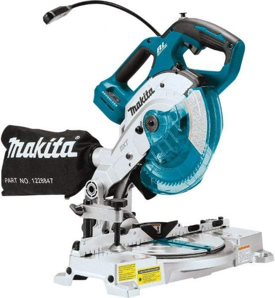 Makita - 36 Amp, 18 Volt, 5,000 RPM, 52° Double Bevel Miter Saw - 5/8" Arbor, 6-1/2" Blade Diam, Includes Triangular Rule, Vertical Vise, Dust Bag, (1) 6-1/2" x 5/8" 64T Micro-Polished Miter Saw Blade & Hex Wrench - Eagle Tool & Supply