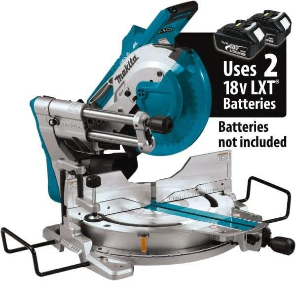 Makita - 36 Amp, 18 Volt, 4,400 RPM, 60° Double Bevel Sliding Miter Saw - 5/8" Arbor, 10" Blade Diam, Includes Vertical Vise, Triangular Rule, Dust Bag, Hex Wrench, 10" x 5/8" 40T Micro-Polished Miter Saw Blade & Wireless Unit - Eagle Tool & Supply