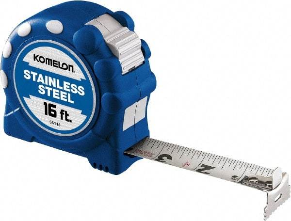 Komelon - 16' x 1" White Stainless Steel Blade Tape Measure - 1/16" Graduation, Inch Graduation Style, Blue/Silver ABS Plastic Case - Eagle Tool & Supply