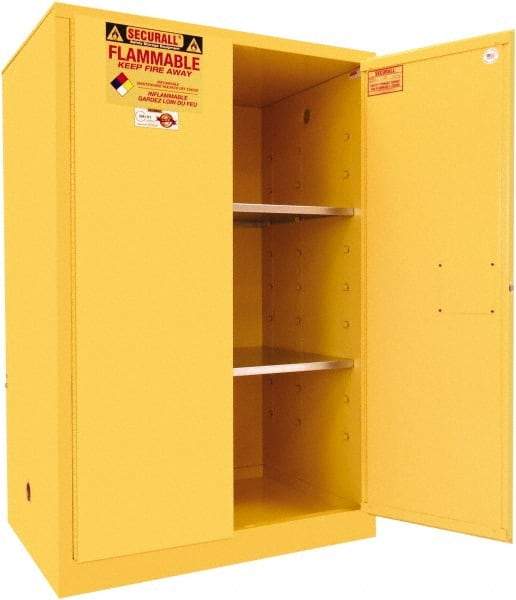 Securall Cabinets - 2 Door, 2 Shelf, Yellow Steel Standard Safety Cabinet for Flammable and Combustible Liquids - 65" High x 43" Wide x 31" Deep, Manual Closing Door, 3 Point Key Lock, 90 Gal Capacity - Eagle Tool & Supply