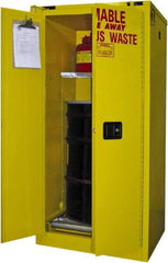 Securall Cabinets - 31" Wide x 31" Deep x 67" High, 18 Gauge Steel Vertical Drum Cabinet with 3 Point Key Lock - Yellow, Self-Closing Door, 1 Shelf, 1 Drum, Drum Rollers Included - Eagle Tool & Supply