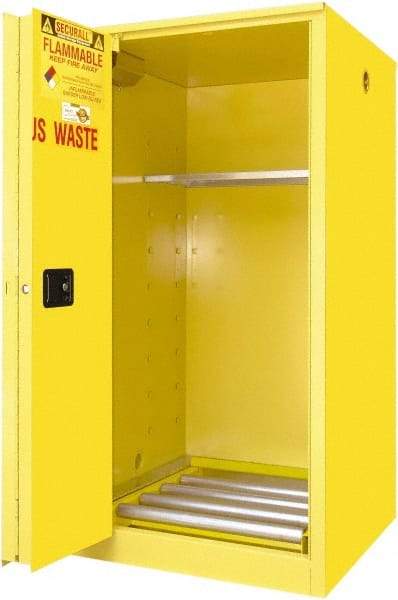 Securall Cabinets - 34" Wide x 34" Deep x 65" High, 18 Gauge Steel Vertical Drum Cabinet with 3 Point Key Lock - Yellow, Self-Closing Door, 1 Shelf, 1 Drum, Drum Rollers Included - Eagle Tool & Supply