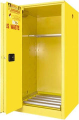 Securall Cabinets - 34" Wide x 34" Deep x 65" High, 18 Gauge Steel Vertical Drum Cabinet with 3 Point Key Lock - Yellow, Self-Closing Door, 1 Shelf, 1 Drum, Drum Rollers Included - Eagle Tool & Supply