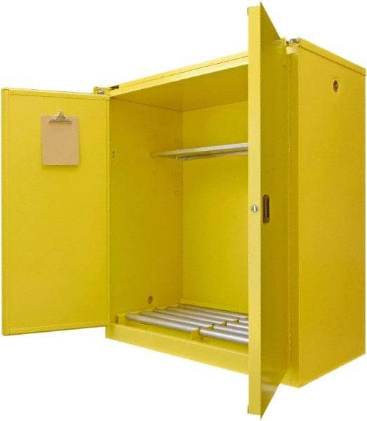 Securall Cabinets - 56" Wide x 31" Deep x 67" High, 18 Gauge Steel Vertical Drum Cabinet with 3 Point Key Lock - Yellow, Self-Closing Door, 1 Shelf, 2 Drums, Drum Rollers Included - Eagle Tool & Supply