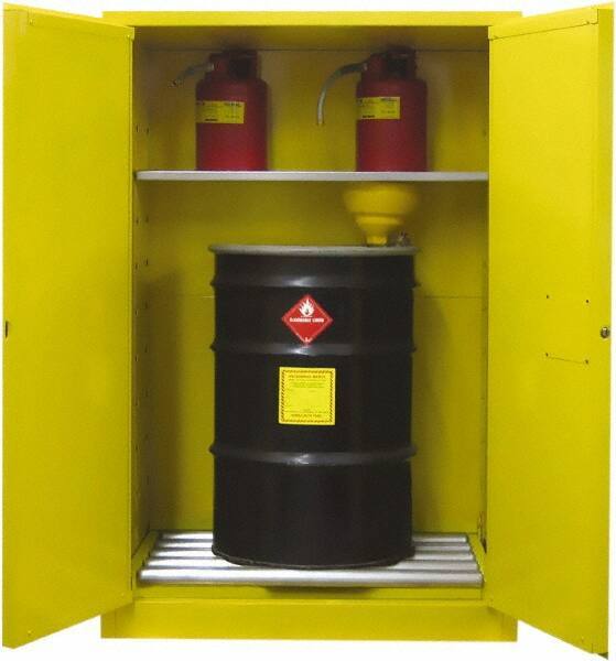 Securall Cabinets - 43" Wide x 31" Deep x 67" High, 18 Gauge Steel Vertical Drum Cabinet with 3 Point Key Lock - Yellow, Self-Closing Door, 1 Shelf, 2 Drums, Drum Rollers Included - Eagle Tool & Supply