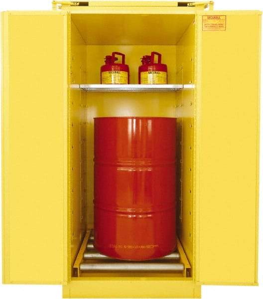 Securall Cabinets - 31" Wide x 31" Deep x 67" High, 18 Gauge Steel Vertical Drum Cabinet with 3 Point Key Lock - Yellow, Self-Closing Door, 1 Shelf, 1 Drum, Drum Rollers Included - Eagle Tool & Supply