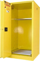 Securall Cabinets - 34" Wide x 34" Deep x 65" High, 18 Gauge Steel Vertical Drum Cabinet with 3 Point Key Lock - Yellow, Sliding Door Door, 1 Shelf, 1 Drum, Drum Rollers Included - Eagle Tool & Supply